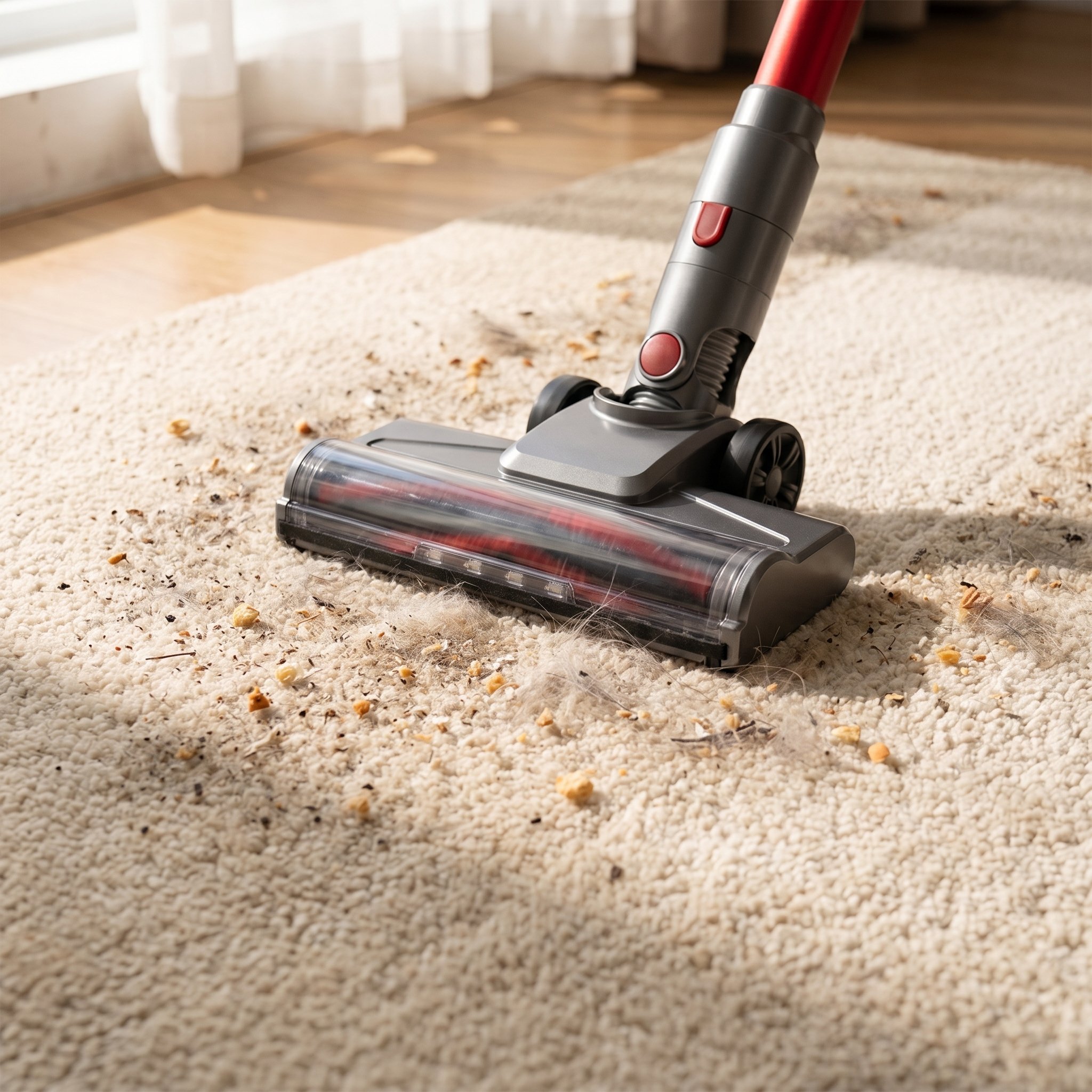 The Nyven vacuum head pulls debris and crumbs out of a beige rug.