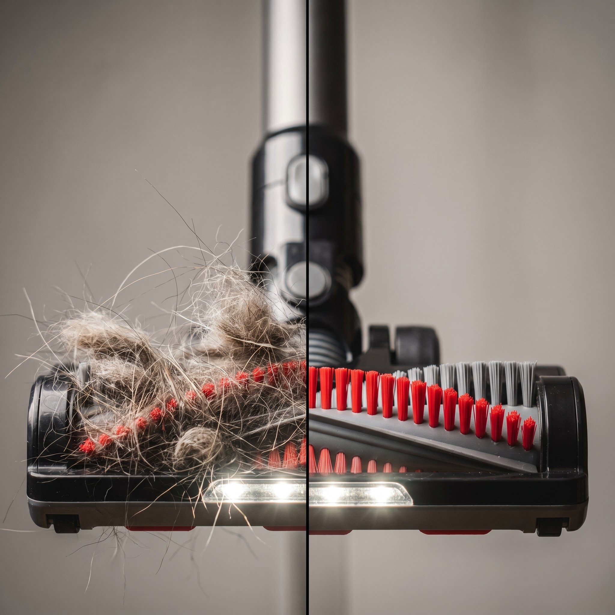 Split-screen comparison showing a vacuum brushroll tangled with hair on the left versus a clean Nyven anti-tangle brushroll on the right.