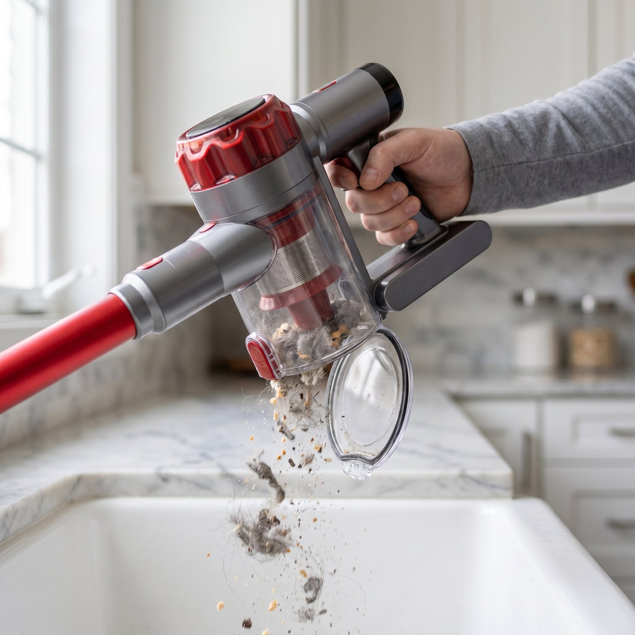 The Nyven vacuum dustbin is being emptied over a sink, releasing dust, pet hair, and debris collected during a full-home clean.