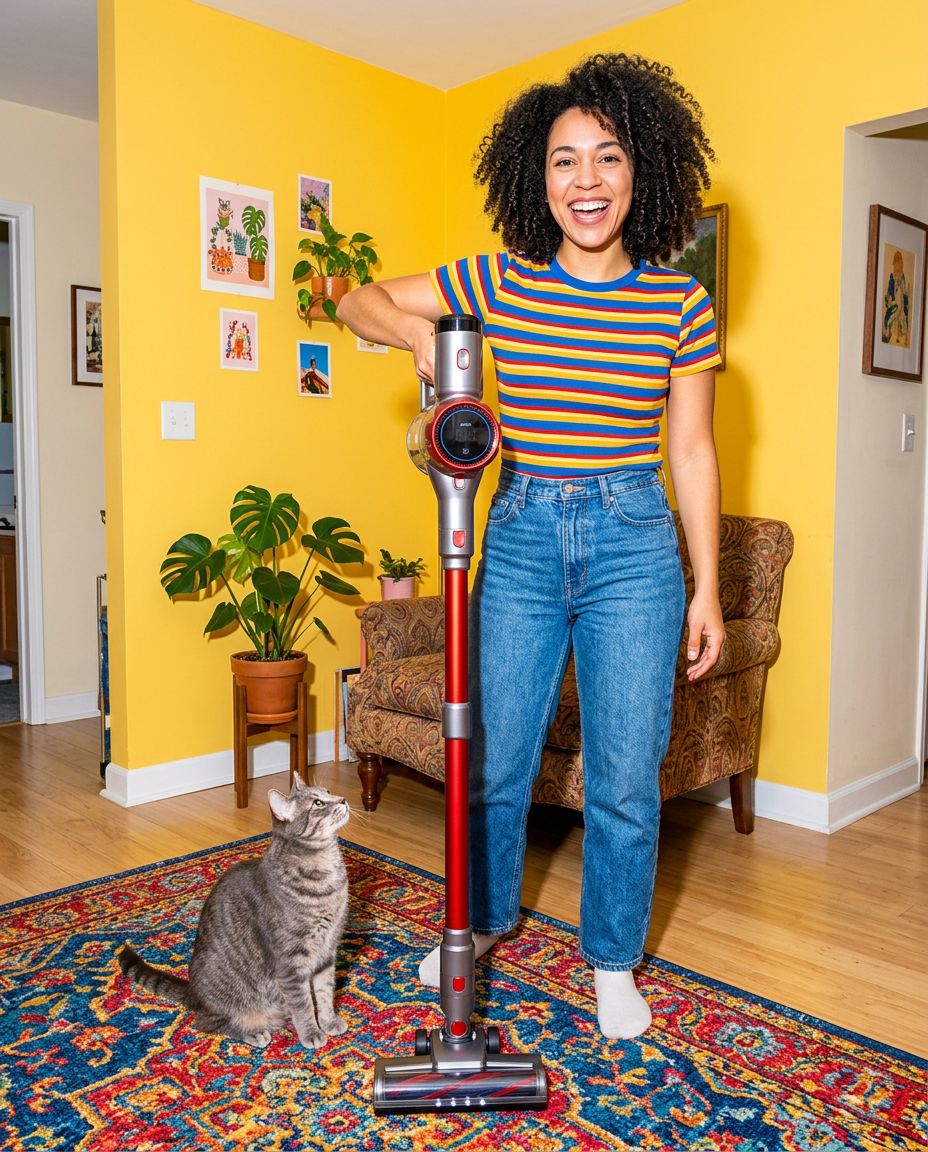 A smiling woman in a bright yellow apartment holding a cordless stick vacuum while her cat watches