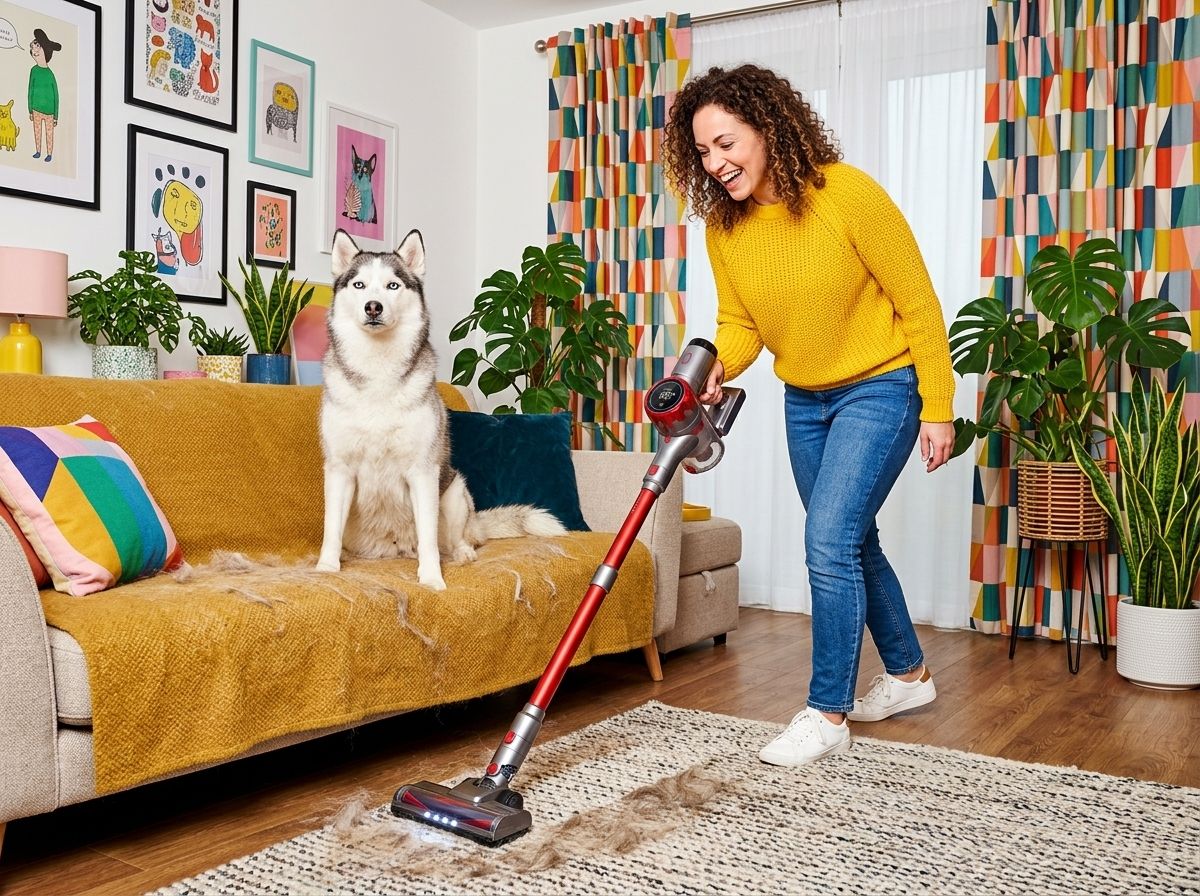 A woman vacuuming dog hair off a rug while a husky sits on the sofa