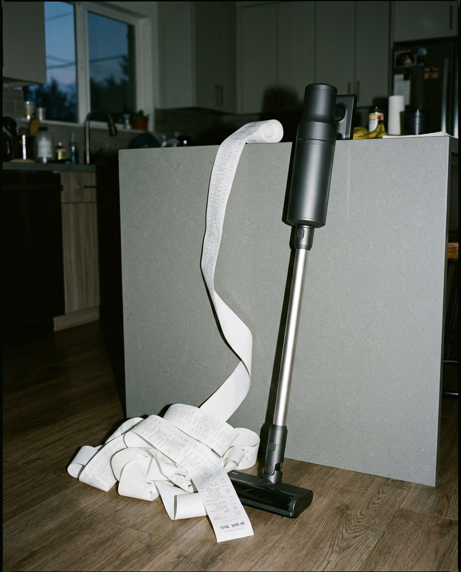 A long store receipt curling off a kitchen counter next to an expensive cordless vacuum