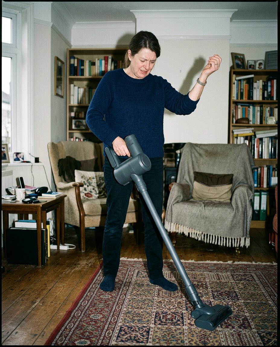 A woman pauses mid-vacuuming to shake out her tired hand