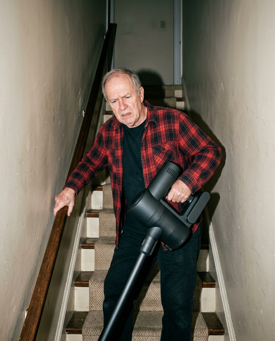 A man hauling a bulky cordless vacuum on a narrow staircase