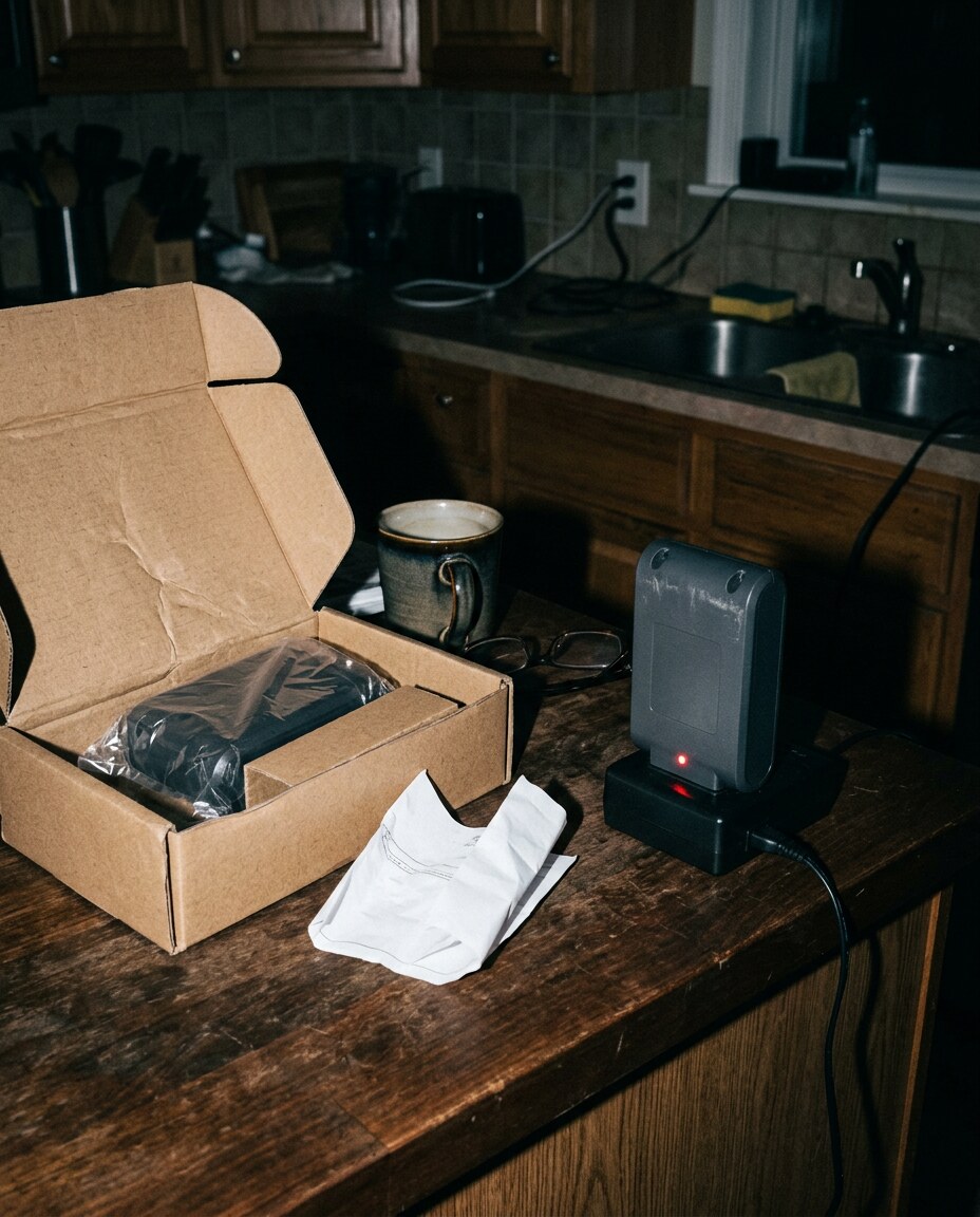 A cordless vacuum battery on its charger at night next to a box with a replacement battery