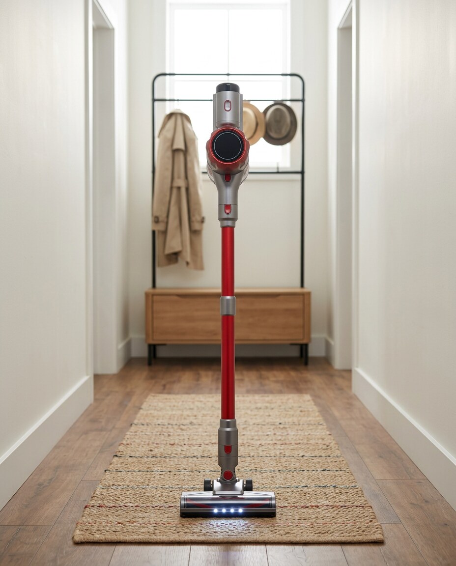 The Kolnar S3P cordless vacuum standing on its own in a hallway